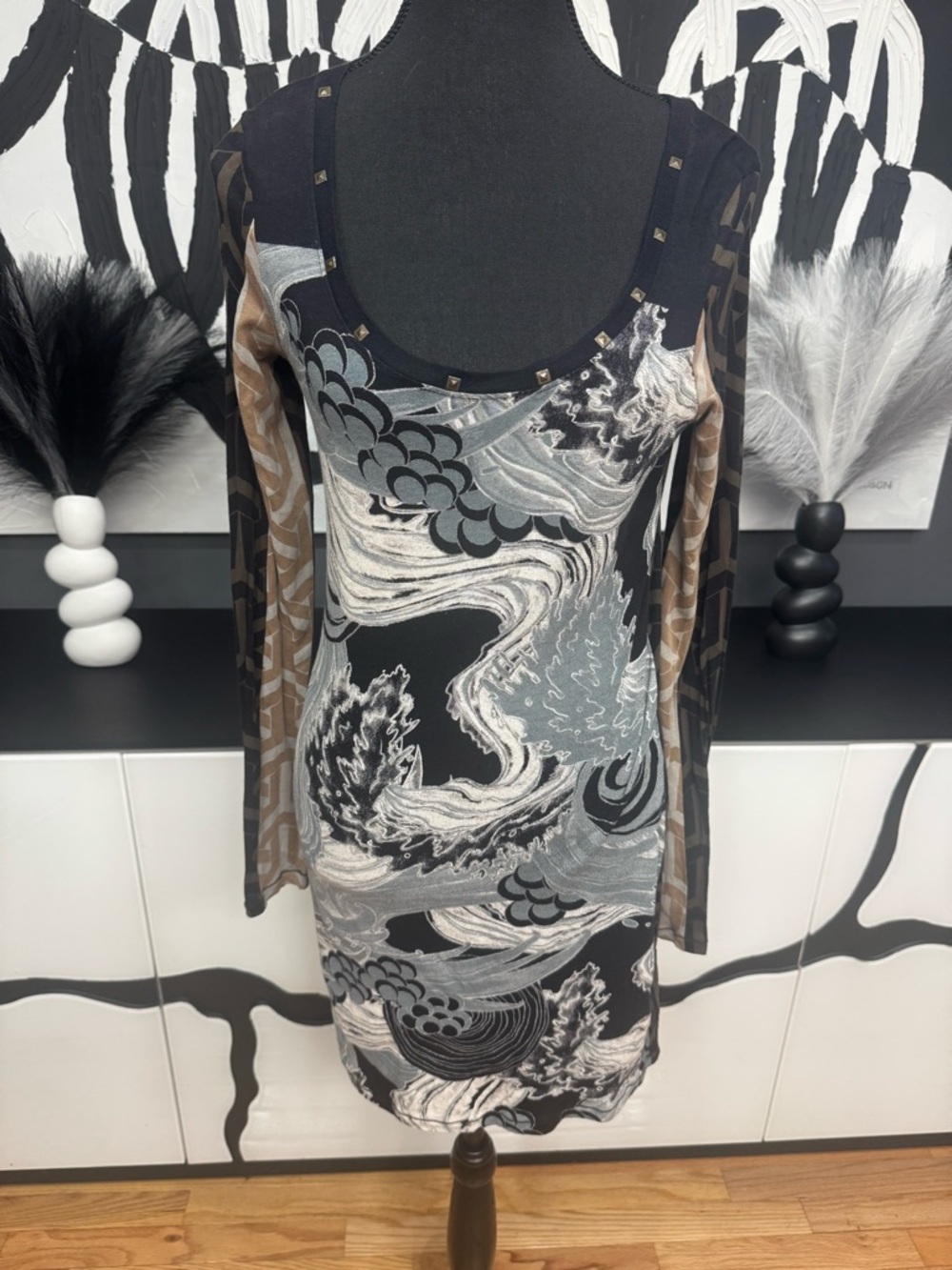 Custo Chic Black Floral Studded Mini Dress Womens Large Couture Statement EUC